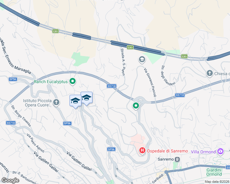 map of restaurants, bars, coffee shops, grocery stores, and more near 84 Strada A. San Pietro in Sanremo