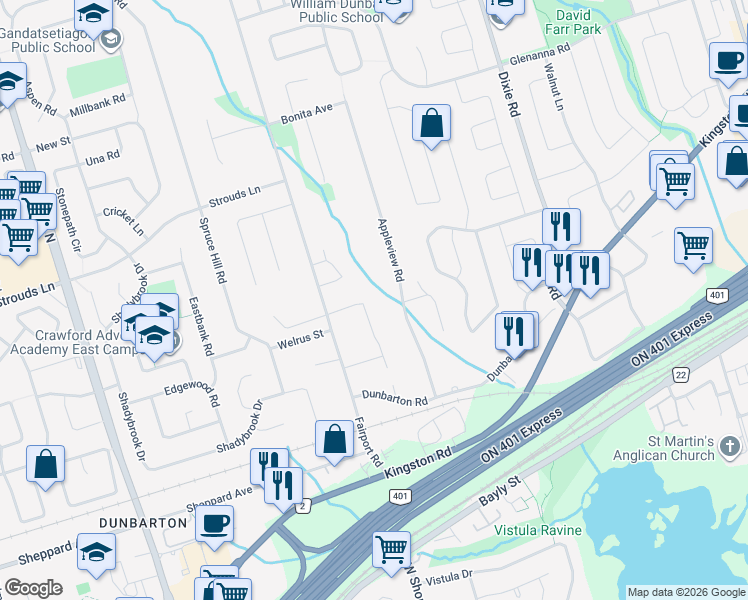 map of restaurants, bars, coffee shops, grocery stores, and more near 1645 Goldenridge Road in Pickering