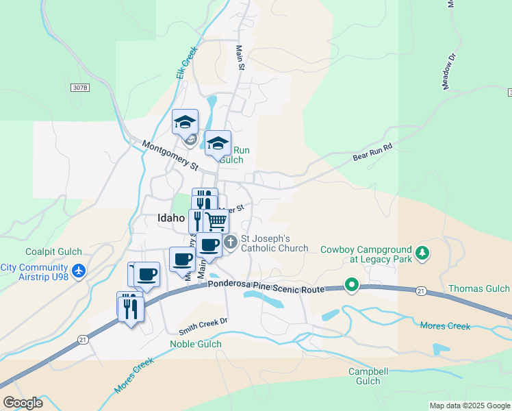 map of restaurants, bars, coffee shops, grocery stores, and more near 113 East Hill Road in Idaho City