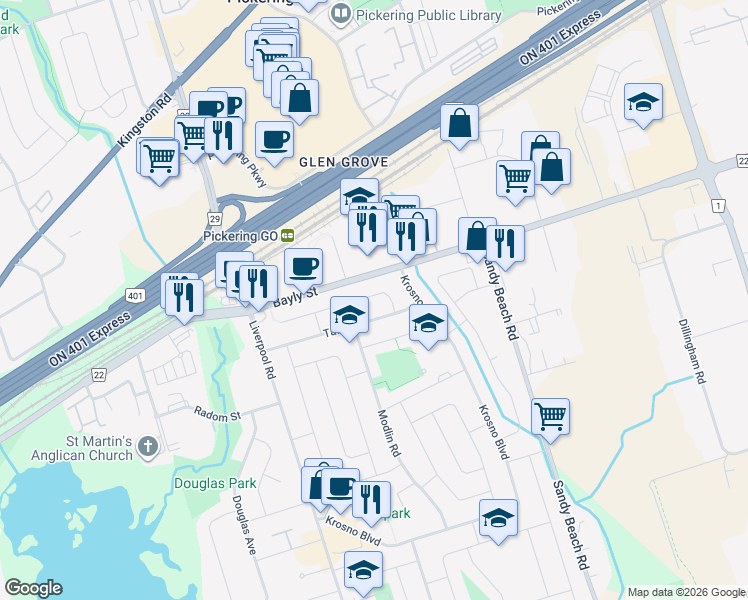 map of restaurants, bars, coffee shops, grocery stores, and more near 1369 Poprad Avenue in Pickering