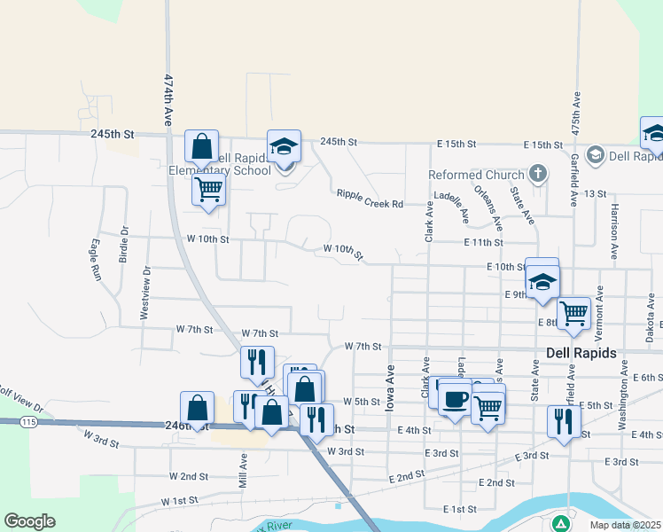 map of restaurants, bars, coffee shops, grocery stores, and more near 100 West 10th Street in Dell Rapids