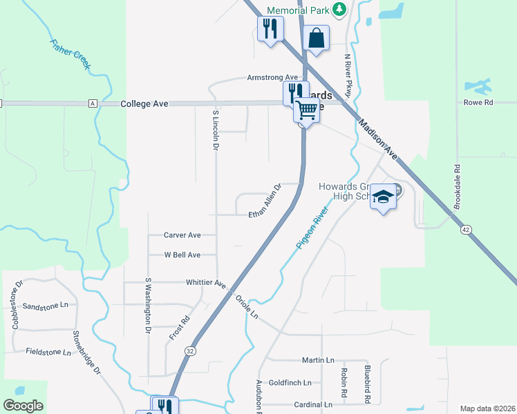map of restaurants, bars, coffee shops, grocery stores, and more near 817 Ethan Allen Drive in Howards Grove