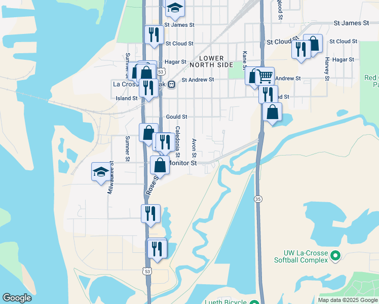 map of restaurants, bars, coffee shops, grocery stores, and more near 818 Monitor Street in La Crosse