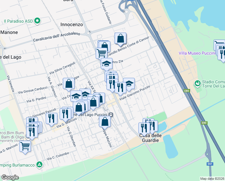 map of restaurants, bars, coffee shops, grocery stores, and more near 5 Via Alessandro Volta in Torre del Lago