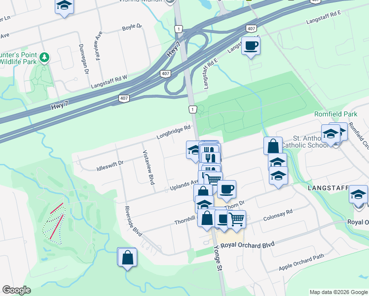 map of restaurants, bars, coffee shops, grocery stores, and more near 12 Dorian Place in Vaughan