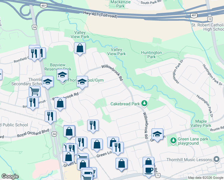 map of restaurants, bars, coffee shops, grocery stores, and more near 19 Innisbrook Crescent in Markham