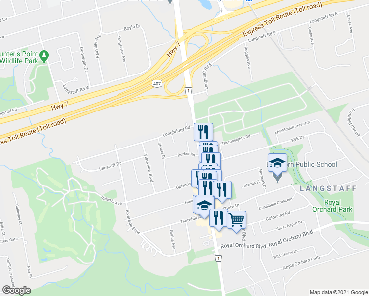 map of restaurants, bars, coffee shops, grocery stores, and more near 12 Dorian Place in Vaughan
