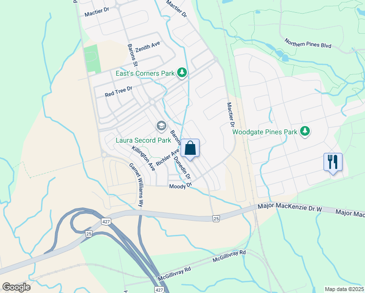 map of restaurants, bars, coffee shops, grocery stores, and more near Barons Street in Vaughan