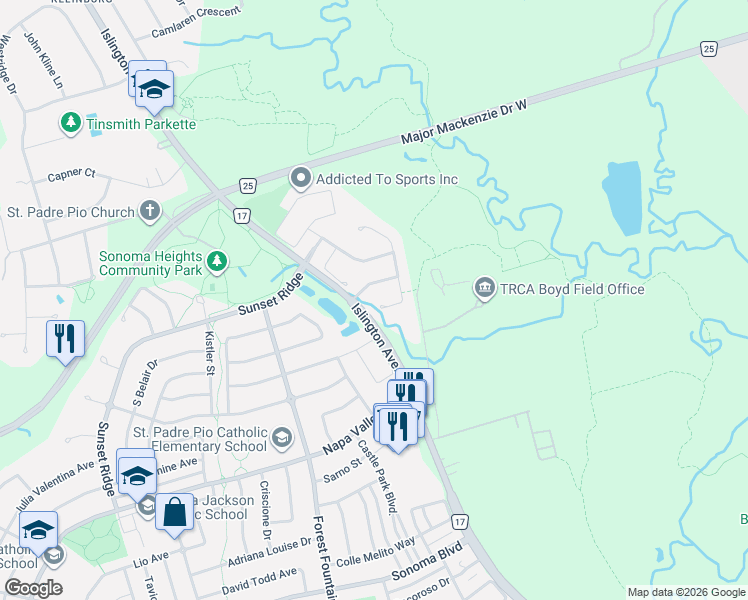map of restaurants, bars, coffee shops, grocery stores, and more near 140 Humber Forest Court in Vaughan
