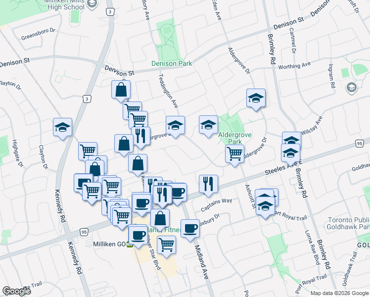 map of restaurants, bars, coffee shops, grocery stores, and more near 46 Hendon Road in Markham