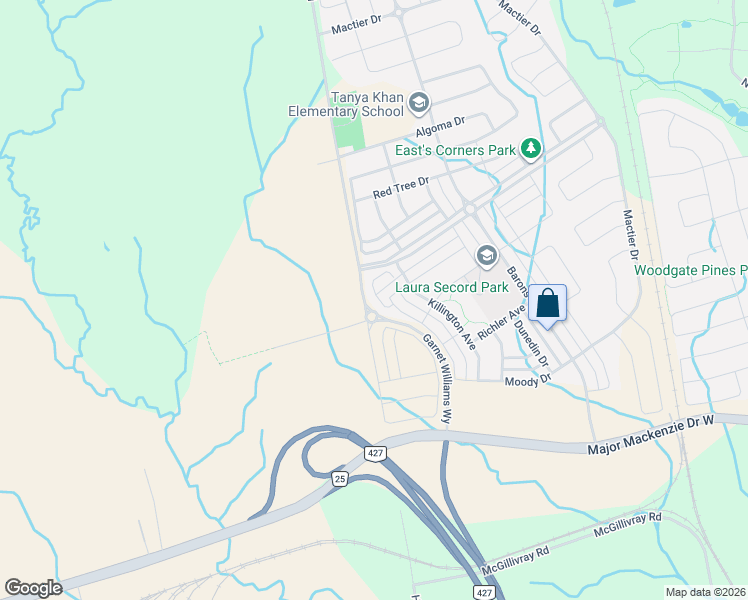 map of restaurants, bars, coffee shops, grocery stores, and more near 43 Holyrood Crescent in Vaughan