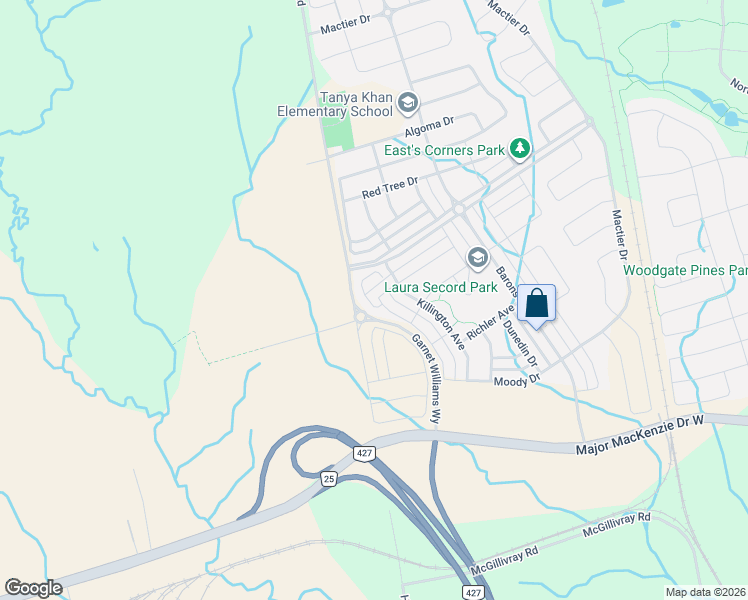map of restaurants, bars, coffee shops, grocery stores, and more near 32 Holyrood Crescent in Vaughan
