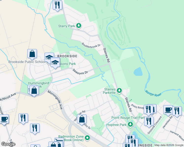 map of restaurants, bars, coffee shops, grocery stores, and more near 40 Canoe Crescent in Toronto