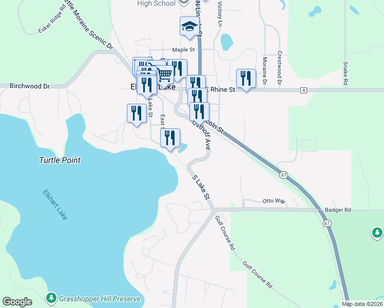 map of restaurants, bars, coffee shops, grocery stores, and more near 101 Osthoff Avenue in Elkhart Lake