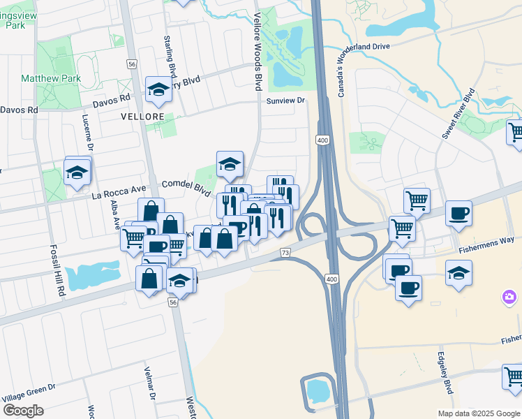 map of restaurants, bars, coffee shops, grocery stores, and more near in Vaughan