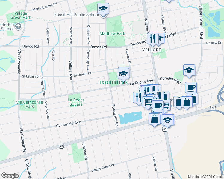 map of restaurants, bars, coffee shops, grocery stores, and more near 163 La Rocca Avenue in Vaughan