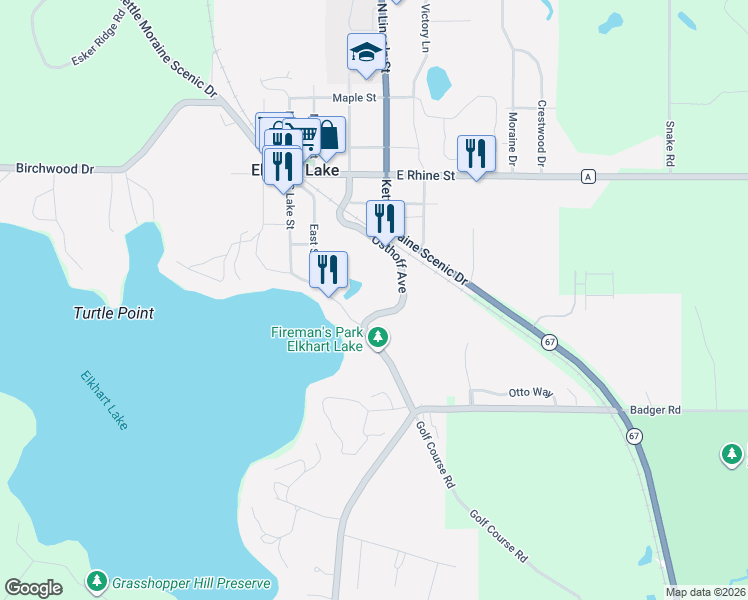 map of restaurants, bars, coffee shops, grocery stores, and more near 422 East Rhine Street in Elkhart Lake