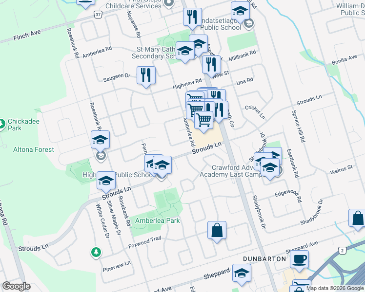 map of restaurants, bars, coffee shops, grocery stores, and more near 611 Chiron Crescent in Pickering