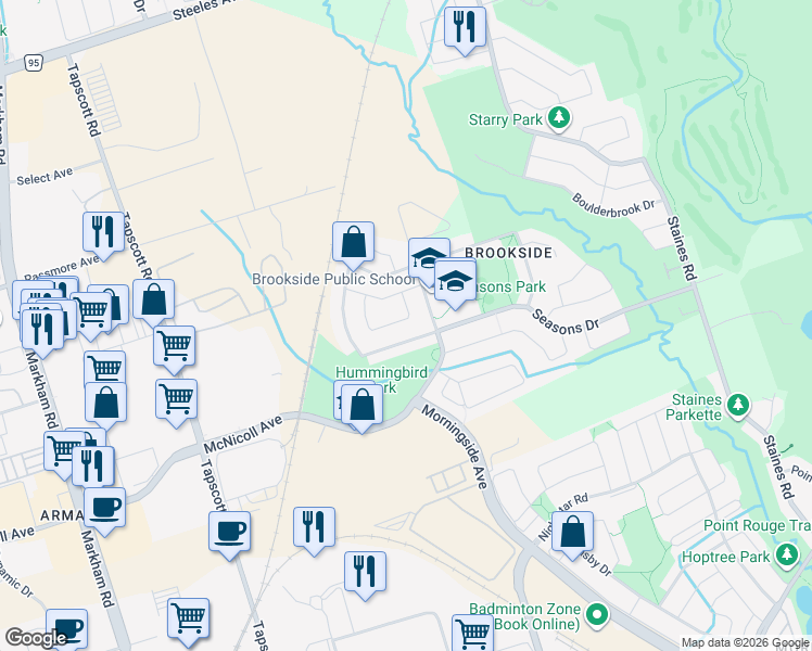 map of restaurants, bars, coffee shops, grocery stores, and more near 55 Hyacinth Crescent in Toronto