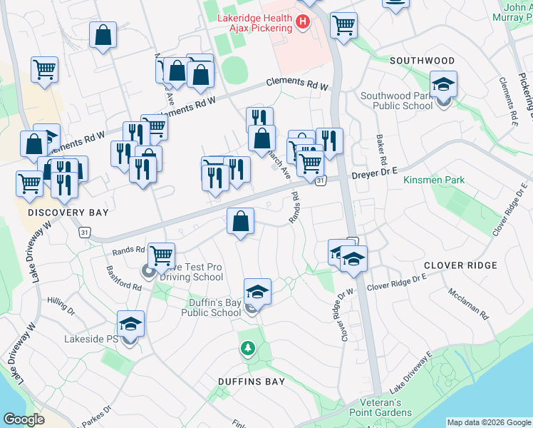 map of restaurants, bars, coffee shops, grocery stores, and more near 16 Medley Lane in Ajax