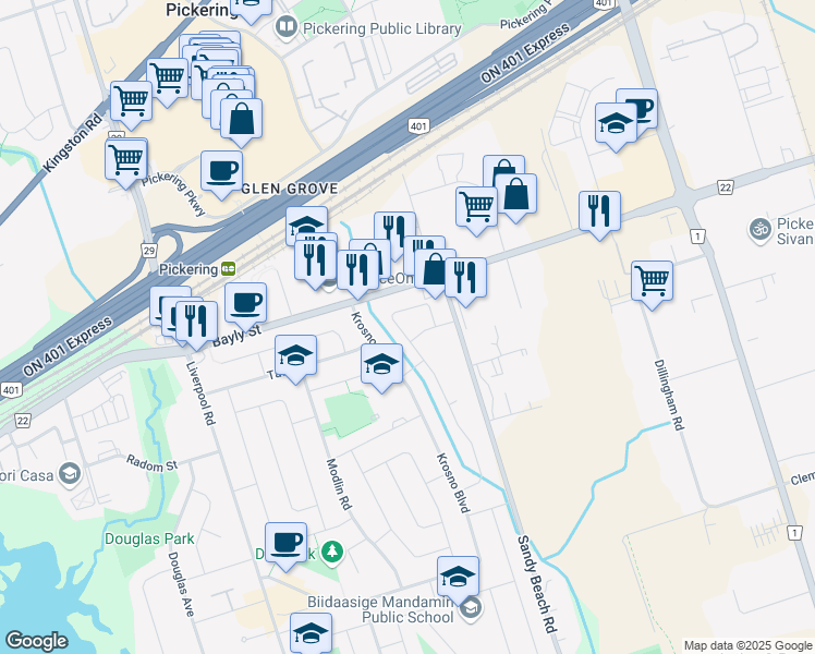 map of restaurants, bars, coffee shops, grocery stores, and more near 1477 Bayly Street in Pickering