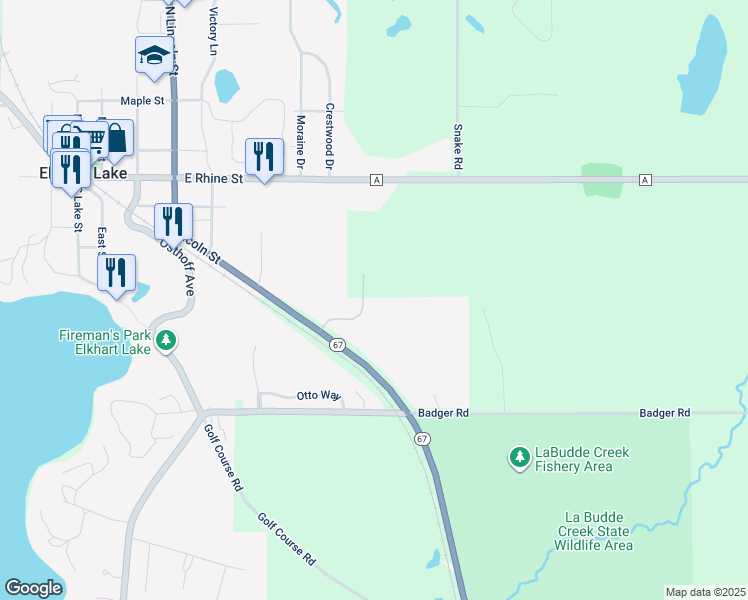 map of restaurants, bars, coffee shops, grocery stores, and more near 604 Lincoln Street in Elkhart Lake