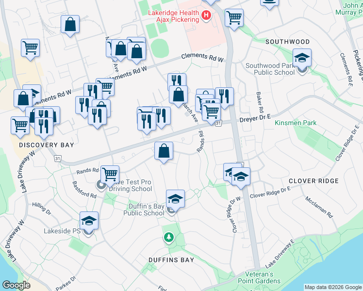 map of restaurants, bars, coffee shops, grocery stores, and more near 16 Medley Lane in Ajax