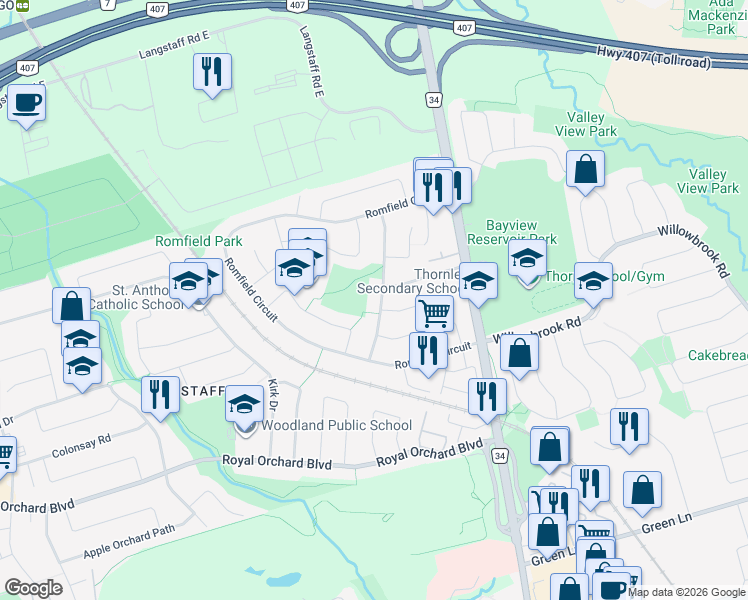 map of restaurants, bars, coffee shops, grocery stores, and more near 22 Baymark Road in Markham