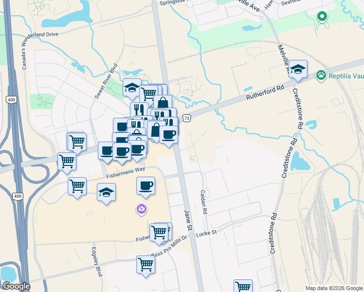 map of restaurants, bars, coffee shops, grocery stores, and more near 10 Abeja Street in Vaughan