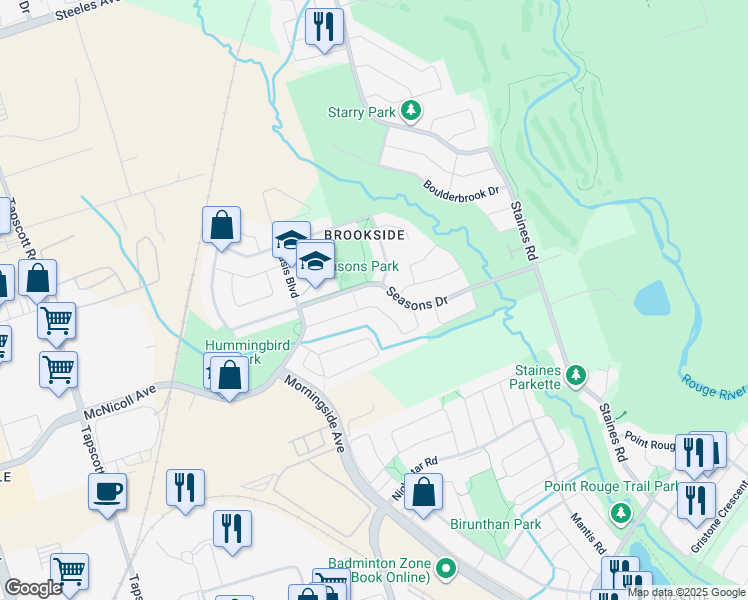 map of restaurants, bars, coffee shops, grocery stores, and more near 46 Grackle Trail in Toronto