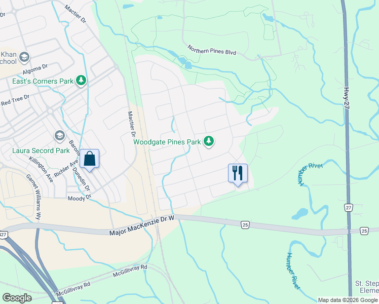 map of restaurants, bars, coffee shops, grocery stores, and more near 125 Timber Creek Boulevard in Vaughan