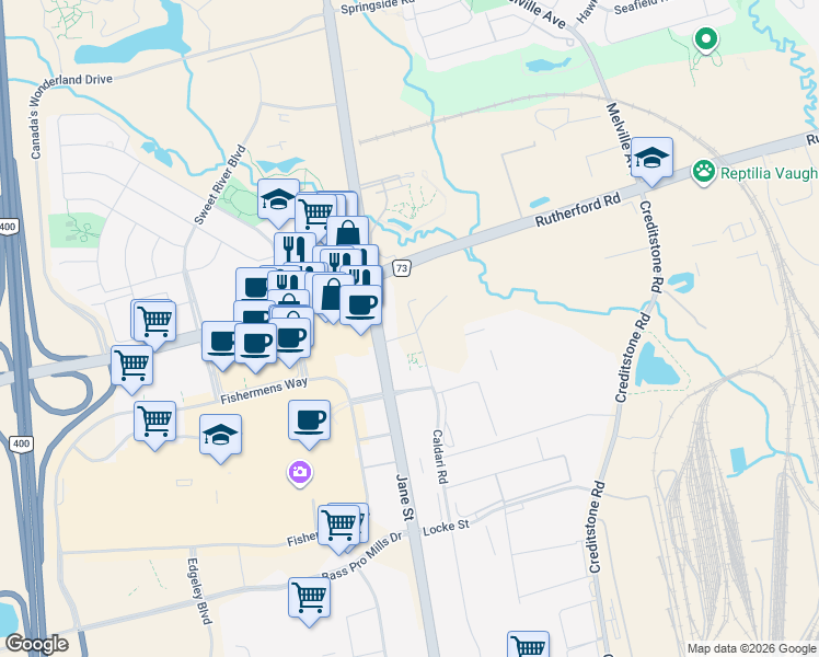 map of restaurants, bars, coffee shops, grocery stores, and more near 474 Caldari Road in Vaughan