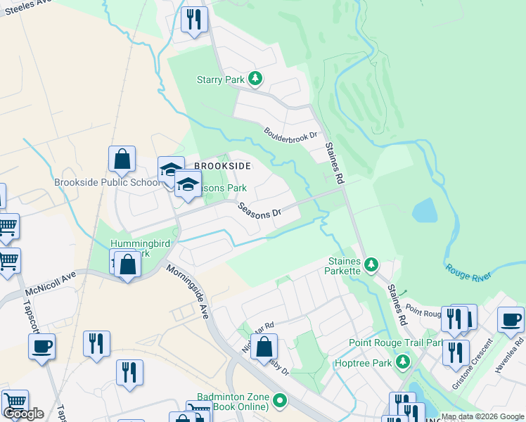 map of restaurants, bars, coffee shops, grocery stores, and more near 76 Seasons Drive in Toronto