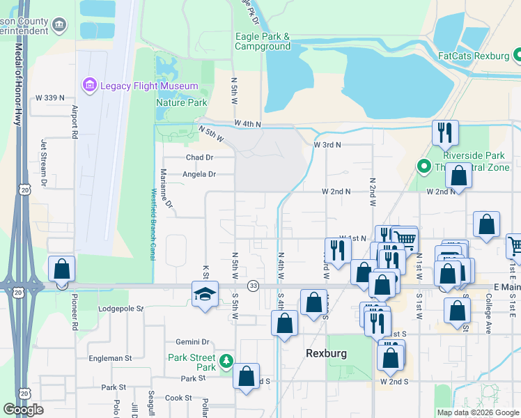map of restaurants, bars, coffee shops, grocery stores, and more near 166 North 5th West in Rexburg