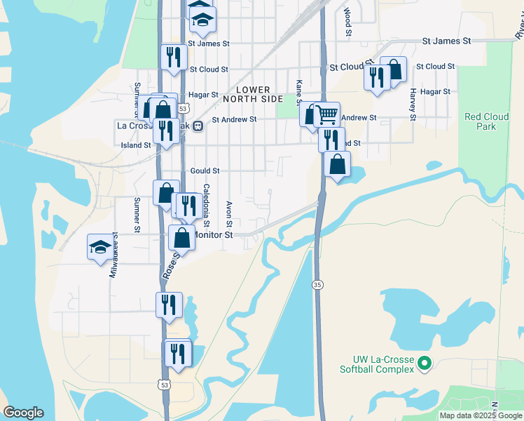 map of restaurants, bars, coffee shops, grocery stores, and more near 234 Liberty Street in La Crosse