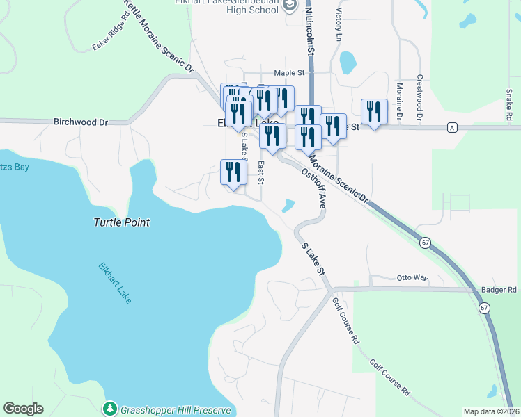 map of restaurants, bars, coffee shops, grocery stores, and more near 101 Osthoff Avenue in Elkhart Lake