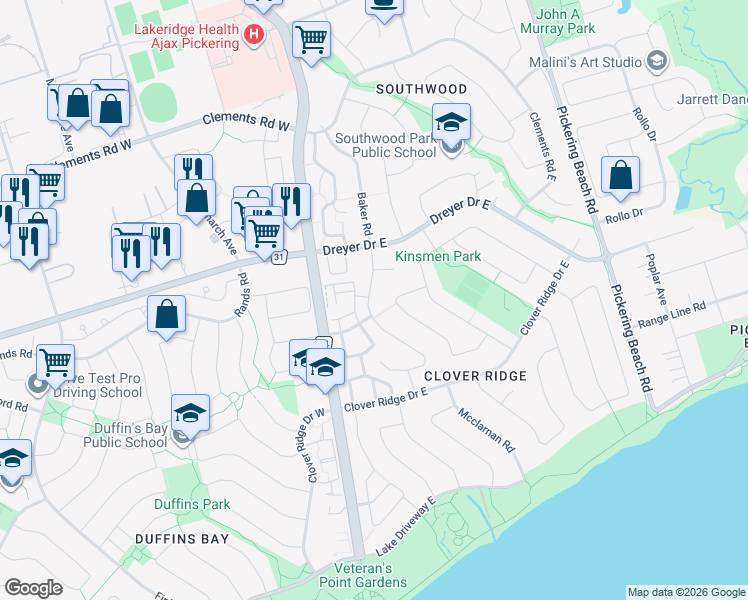 map of restaurants, bars, coffee shops, grocery stores, and more near 32 Harland Crescent in Ajax