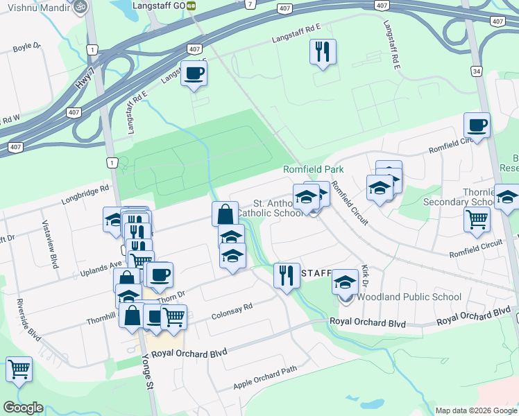 map of restaurants, bars, coffee shops, grocery stores, and more near 99 Kirk Drive in Markham