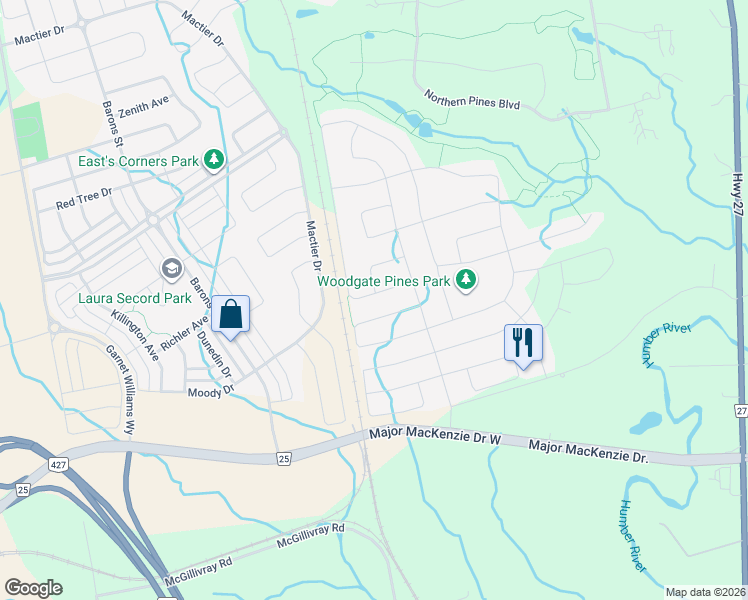 map of restaurants, bars, coffee shops, grocery stores, and more near 41 Torrey Pines Road in Vaughan