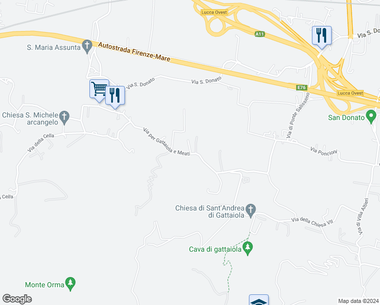 map of restaurants, bars, coffee shops, grocery stores, and more near 598 Via per Gattaiola e Meati in Lucca