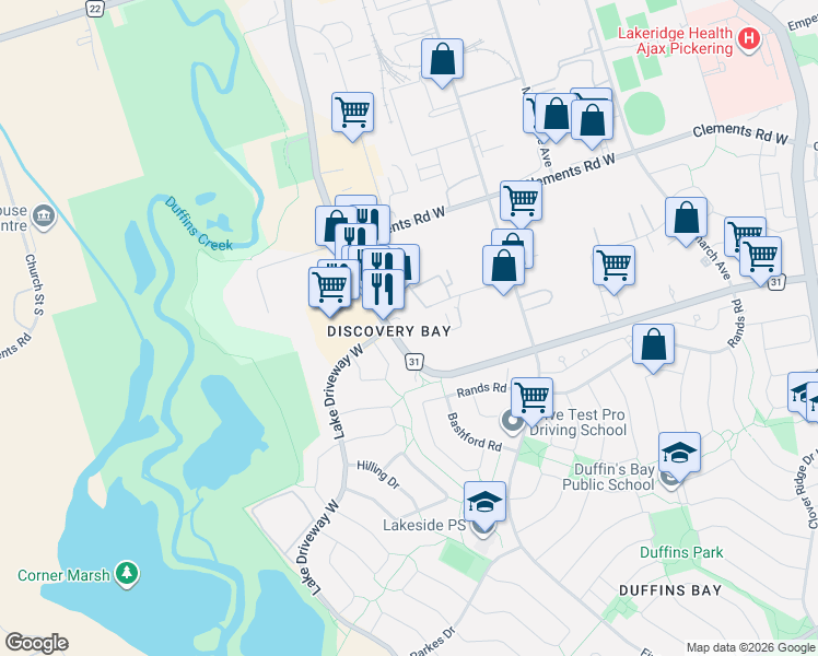 map of restaurants, bars, coffee shops, grocery stores, and more near 601 Westney Road South in Ajax