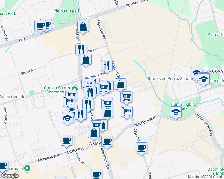 map of restaurants, bars, coffee shops, grocery stores, and more near 110 Ironside Crescent in Toronto