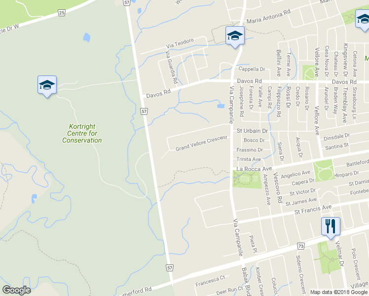 map of restaurants, bars, coffee shops, grocery stores, and more near 71 Grand Vellore Crescent in Vaughan