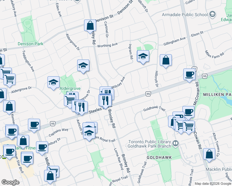 map of restaurants, bars, coffee shops, grocery stores, and more near 16 Chase Court in Markham