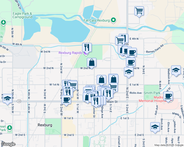 map of restaurants, bars, coffee shops, grocery stores, and more near 171 North Center Street in Rexburg