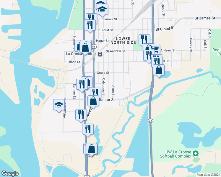 map of restaurants, bars, coffee shops, grocery stores, and more near 232 Avon Street in La Crosse
