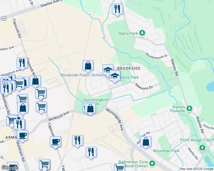 map of restaurants, bars, coffee shops, grocery stores, and more near 66 Oasis Boulevard in Toronto
