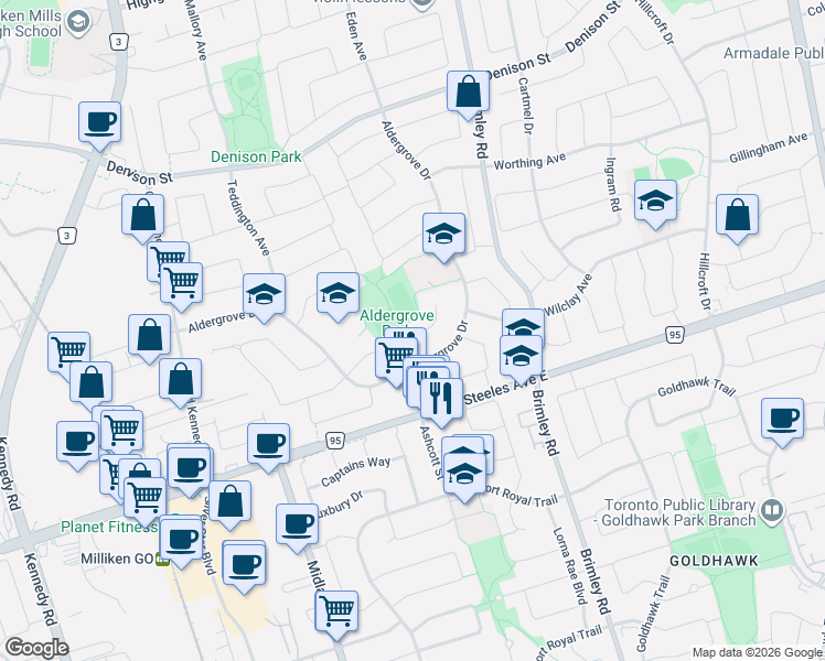 map of restaurants, bars, coffee shops, grocery stores, and more near 20 Wickham Court in Markham