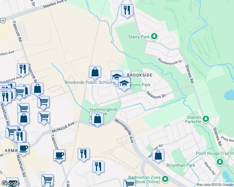 map of restaurants, bars, coffee shops, grocery stores, and more near 66 Oasis Boulevard in Toronto