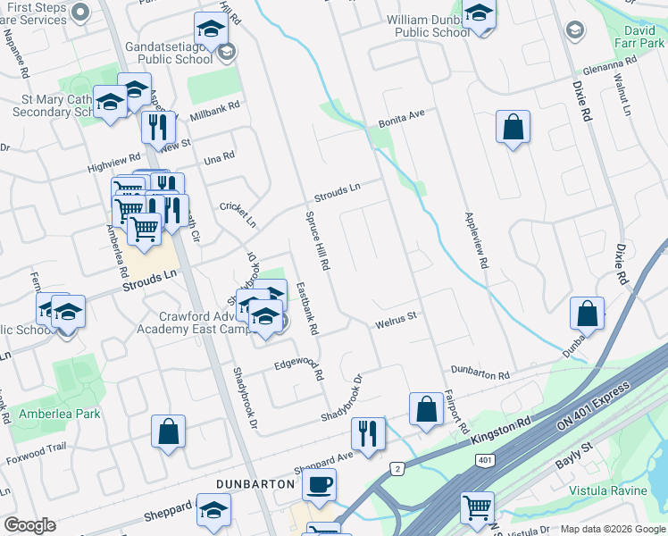 map of restaurants, bars, coffee shops, grocery stores, and more near 1813 Spruce Hill Road in Pickering